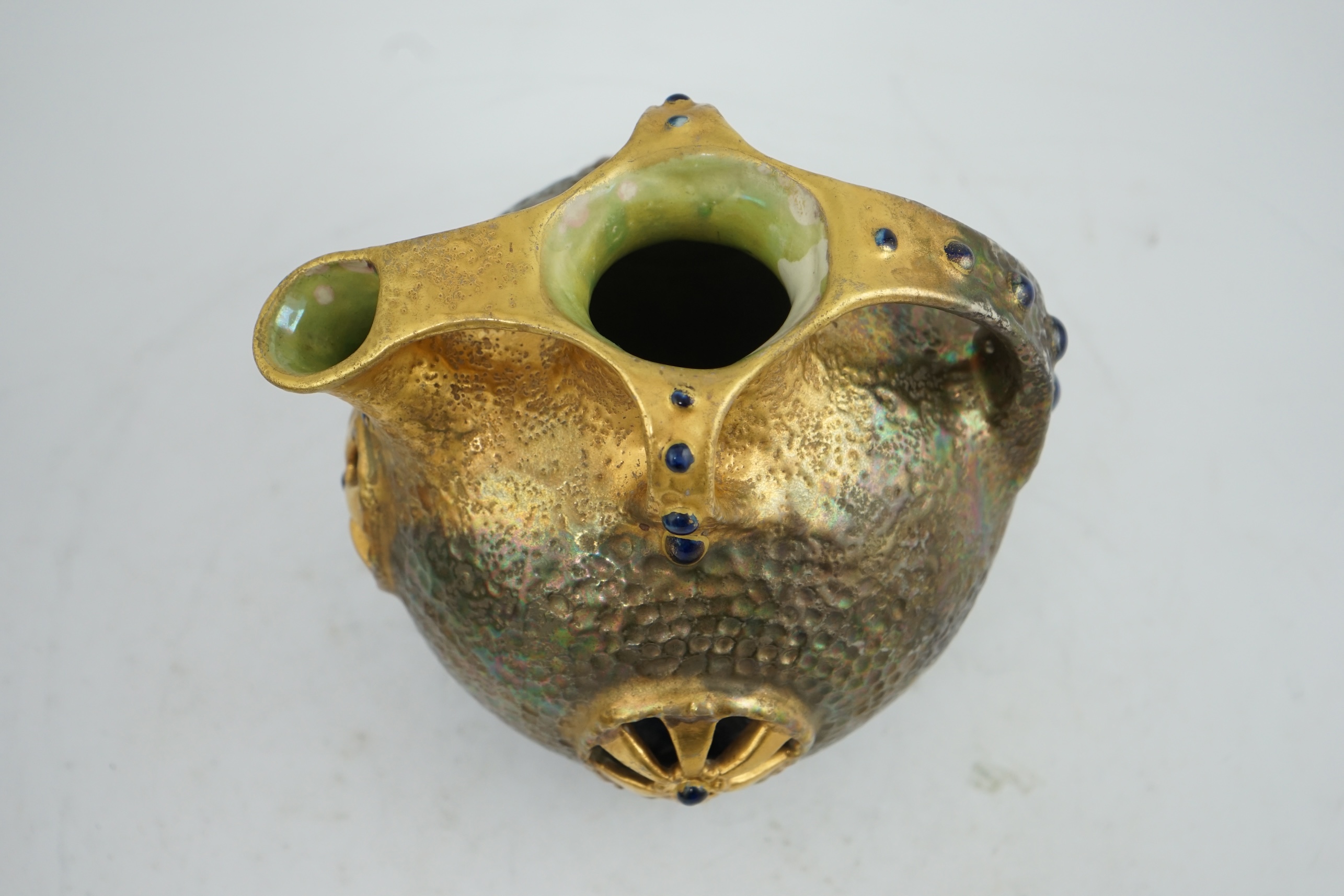 An Amphora, Turn Teplitz ‘Gres bijou’ three handled jug